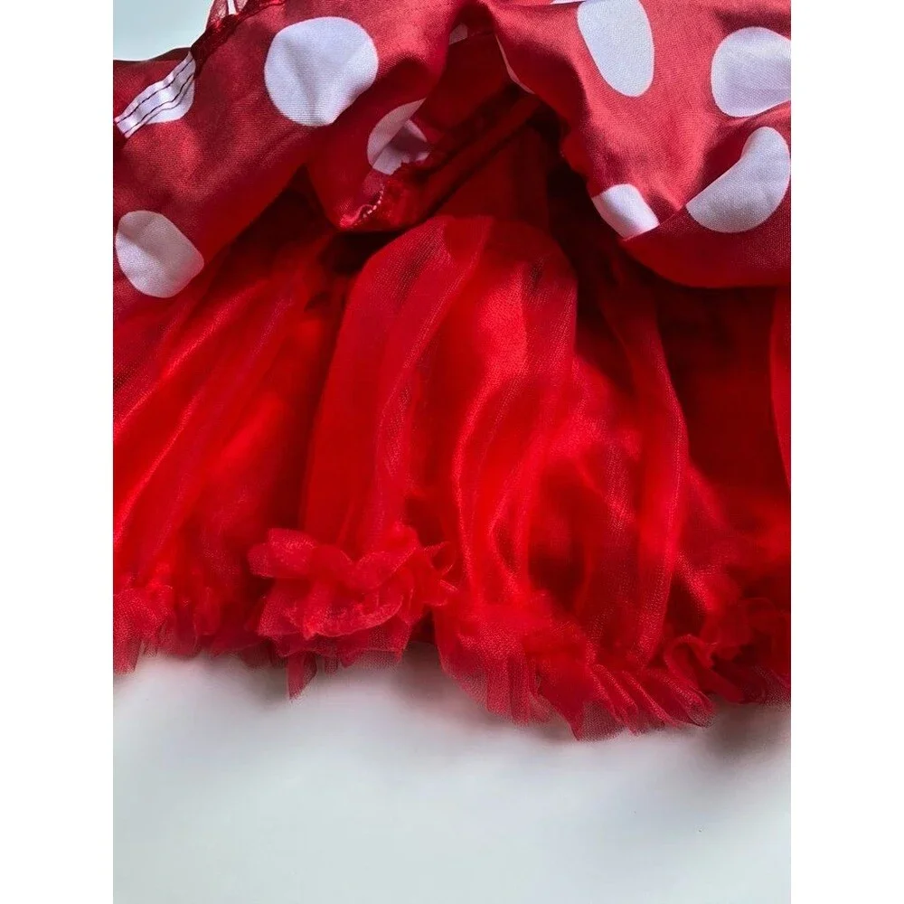 Disney Minnie Mouse Skirt Red Polka Dot Ruffled Tulle Costume w/ Ears -Size 4 T
